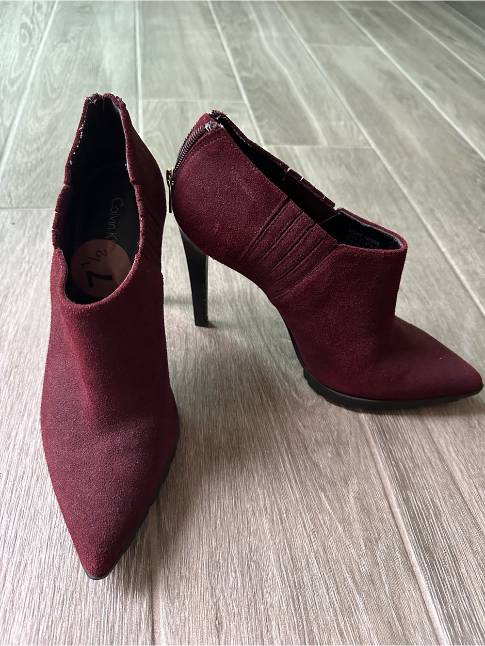 Calvin Klein Burgundy Suede Pointed-Toe Heeled Booties